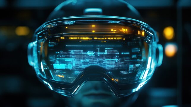 Advanced Futuristic Digital Augmented Reality Goggles Displaying Complex Data Streams in a Futuristic Environment