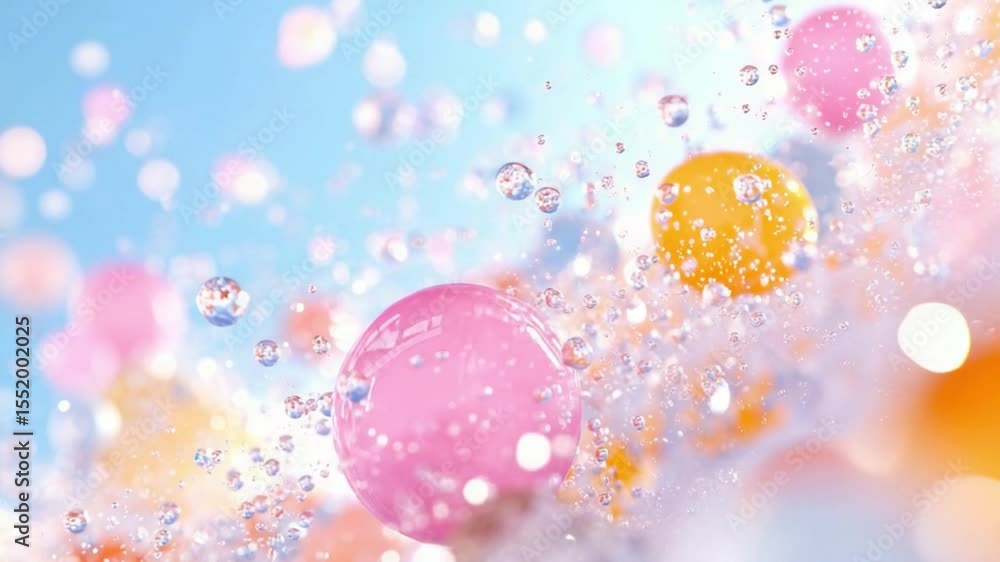 Poster colorful spheres splash:pastel pink and orange spheres burst through a sparkling wave of water, crea