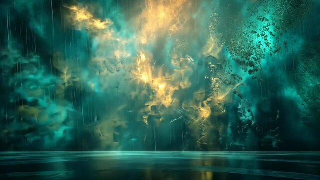 Enigmatic teal and gold textured backdrop, featuring a reflective, tranquil water surface at the bottom