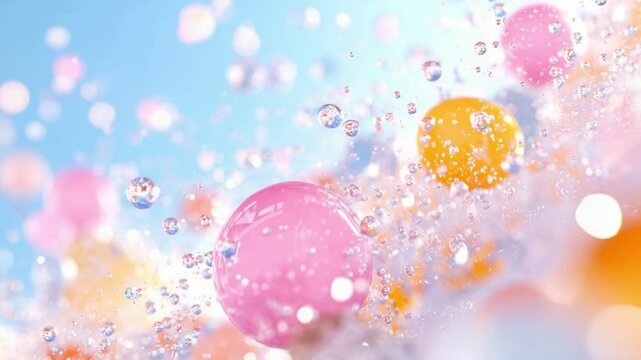 Colorful Spheres Splash:Pastel pink and orange spheres burst through a sparkling wave of water, creating a vibrant and joyful explosion of color and movement.