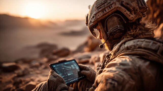 Soldier using tablet device during sunset in rugged terrain for mission coordination and intelligence gathering