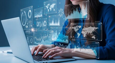 Woman using laptop for data analysis and visualization with charts and graphs for business intelligence