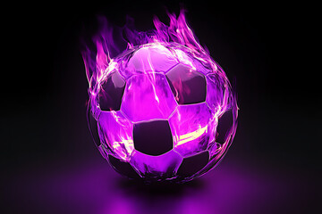 A vibrant purple soccer ball surrounded by flames, symbolizing energy and passion in sports