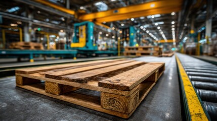 Warehouse interior features wooden pallet on conveyor belt amidst busy logistics operations