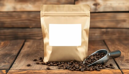A brown paper coffee bag with a blank label sits next to a scoop and coffee beans.
