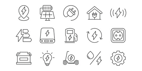 Charging Web Icon Set in Line Style. Charging icons set. Featuring electrical, transport, load, power, plug, and more. Containing charge, battery, energy, electricity etc. Vector illustration.