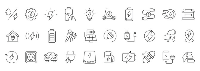 Charging Web Icon Set in Line Style. Charging icons set. Featuring electrical, transport, load, power, plug, and more. Containing charge, battery, energy, electricity etc. Vector illustration.