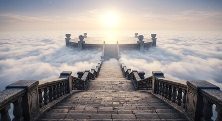 Fototapeta premium 구름위 신비로운 계단 아침햇살 가득 평화로운 풍경