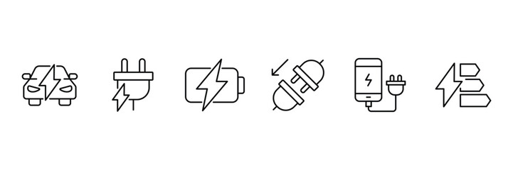 Charging Web Icon Set in Line Style. Charging icons set. Featuring electrical, transport, load, power, plug, and more. Containing charge, battery, energy, electricity etc. Vector illustration.
