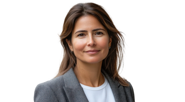 Professional woman in gray blazer smiling confidently against transparent background showcasing modern business attire and approachable demeanor