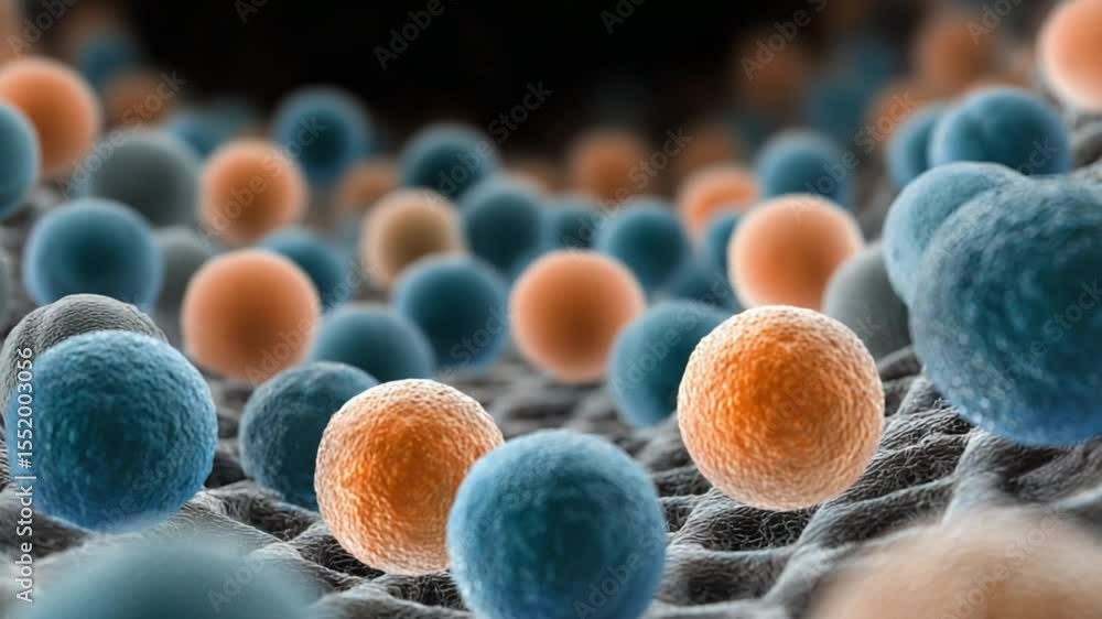 Poster Microscopic Spheres: Abstract image of vibrant blue and orange spheres on a textured gray surface, suggesting a microscopic view of cellular structures or nanoparticles.