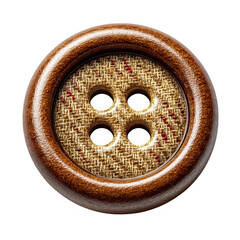 Close up of a round wooden button with a textured fabric insert isolated on transparent background