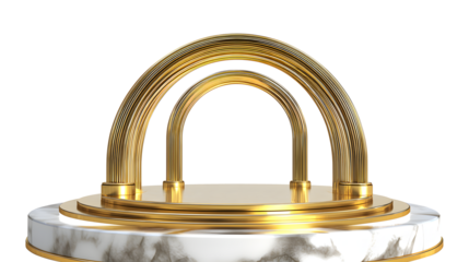 Elegant Golden Arch Display Stand on Marble Platform for Luxury Product Presentation