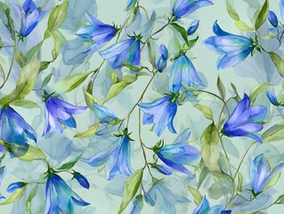 Fototapeta premium Botanical seamless pattern featuring green leaves and blue bell flowers for design projects