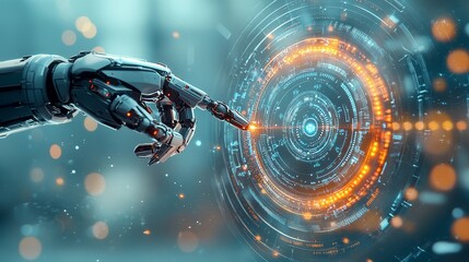 Robot hand interacting with digital interface futuristic lab technology visualization high-tech environment close-up innovation exploration