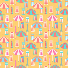 Summer beach vacation vector seamless pattern. Colorful striped parasols, loungers and folded umbrellas on bright yellow background. Playful coastal holiday surface design in flat cartoon retro style