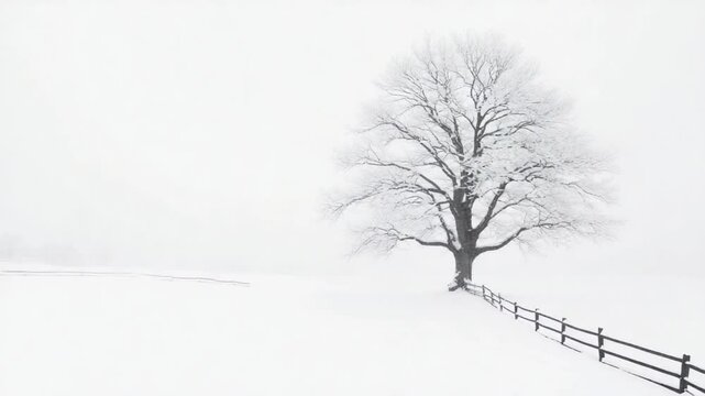 Solitary Winter Scene: A single, majestic tree stands strong in a vast expanse of snow-covered landscape, evoking a sense of serenity and the stark beauty of winter.