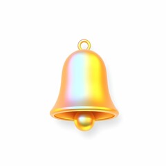 A shimmering gold bell, rendered in 3D, hangs against a stark white background.