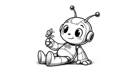 Cute robot holding a butterfly, line art illustration for children, digital design