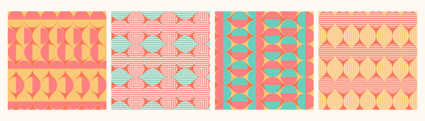 Geometric mid-century modern vector seamless patterns set. Trendy colorful retro repeat designs with pink, yellow shapes, stripes, circles. Playful abstract backgrounds for wallpaper, wrapping, media