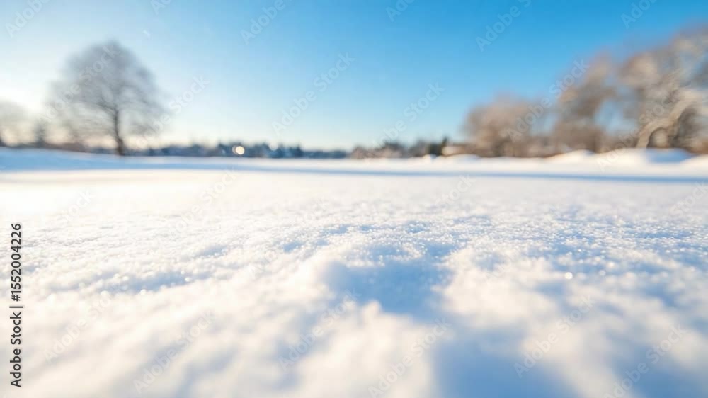 Poster winter wonderland: a serene vista of a snow-covered landscape under a clear, azure sky, with a low-a