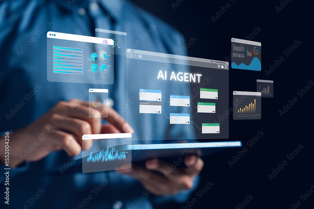 Aufkleber AI agent technology for workflow automation and data management. Visual dashboard on tablet for smart data analysis, task automation, and process efficiency enhancement.