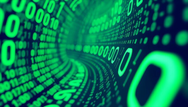 Abstract digital tunnel of green binary code flowing towards the viewer, representing data and technology.
