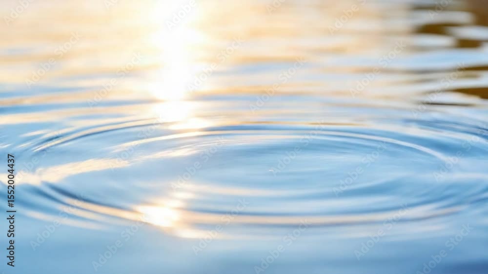 Poster Ripples of Serenity: Circular ripples spread gracefully across the smooth surface of a body of water, reflecting the soft, diffused glow of sunlight, creating a sense of calm and introspection.