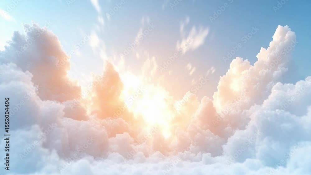 Poster heavenly rays: an awe-inspiring vista of billowing clouds illuminated by a radiant sun, creating a s