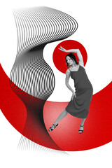 Poster sketch image artwork 3D collage of young lady dance style dress dynamic art fashion rhythm...