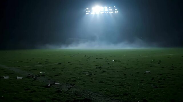 Dramatic night view of an empty soccer field bathed in bright stadium lights, with a hazy mist hovering over the goal area. Perfect for themes of solitude, aspiration, or the calm before the game.