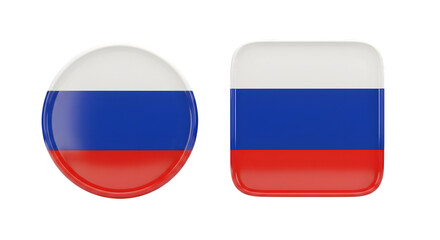 Two glossy 3d rendered icons representing the russian flag one circular and one square with rounded corners isolated on transparent background