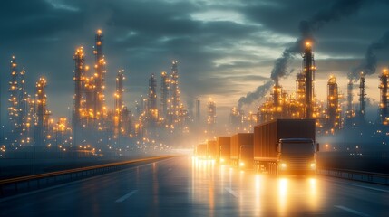 Traffic flow amidst industrial landscape at dawn truck transport urban environment atmospheric viewpoint
