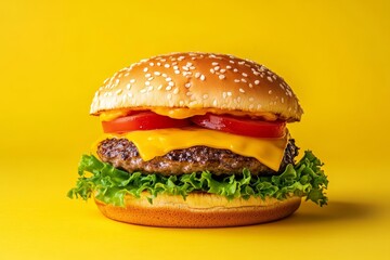 Delicious cheeseburger topped with fresh lettuce and tomato against a bright yellow backdrop