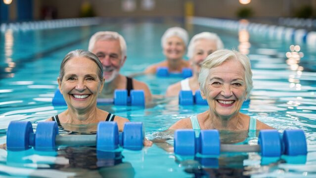 Healthy aging and longevity concept Smiling seniors participate in a water aerobics class, using blue weights in a bright swimming pool, promoting fitness and community. - Powered by Adobe