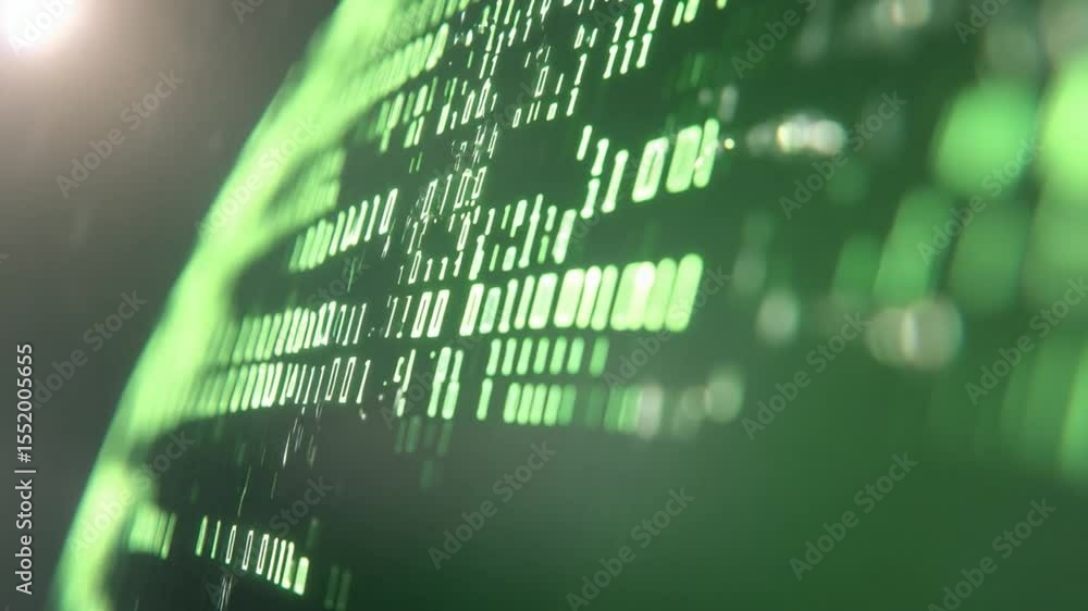 Poster Digital Stream: Abstract close-up of a glowing green digital stream of data, numbers, and code, suggesting a fast-paced, technological world.
