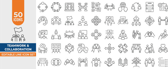 Teamwork & Collaboration Icon Set – Editable Line Vector Icons for Business, Meetings, Support, HR & Partnerships. Editable Stroke. Vector illustration