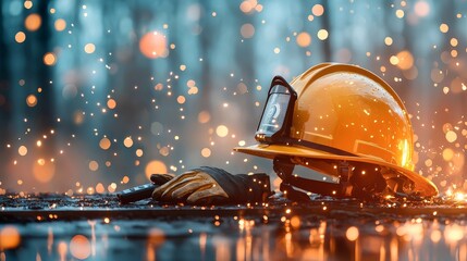 Construction workers in action urban site industrial photography rainy environment close-up view safety and teamwork concept