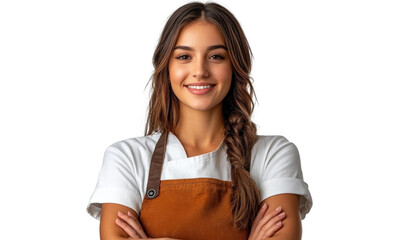 Smiling young woman in chef uniform with crossed arms, showcasing confidence and passion for culinary arts in a modern kitchen environment