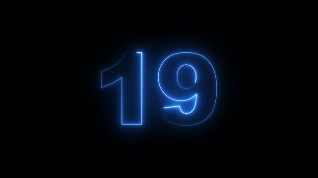 Neon 19 number mathematics text icon animation on black background. Glowing neon 19 motion graphics animation. Number 19 vector illustration. Digits with glowing lights and bulbs.  