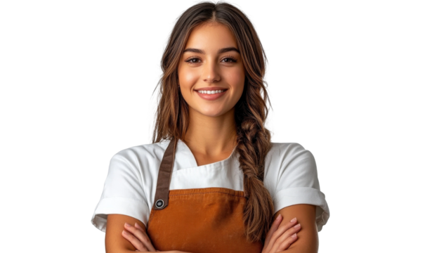 Smiling young woman in chef uniform with crossed arms, showcasing confidence and passion for culinary arts in a modern kitchen environment