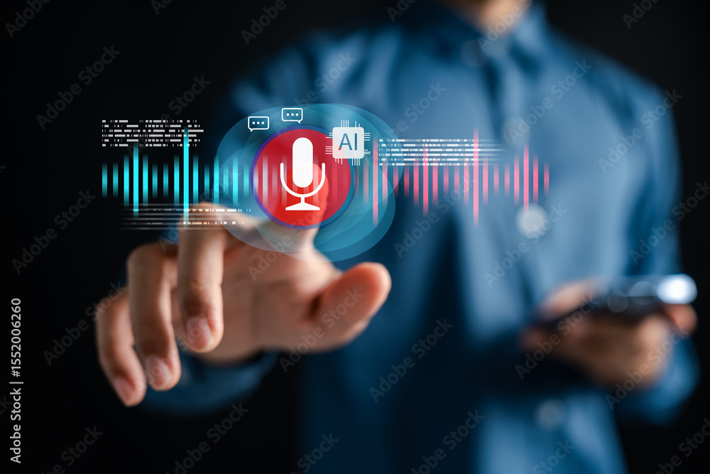 Aufkleber AI voice command technology with microphone and sound wave. Smart assistant system for hands-free interaction, speech recognition, and voice control in digital devices.