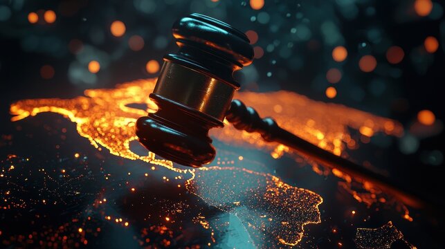 Global Justice: Gavel on Illuminated World Map