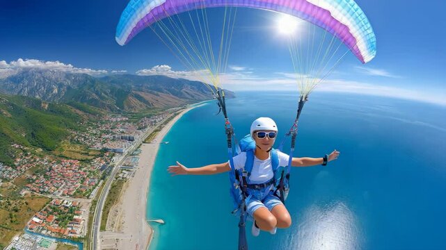 A thrilling paragliding adventure over a stunning coastal landscape, showcasing the excitement of aerial sports and breathtaking views.