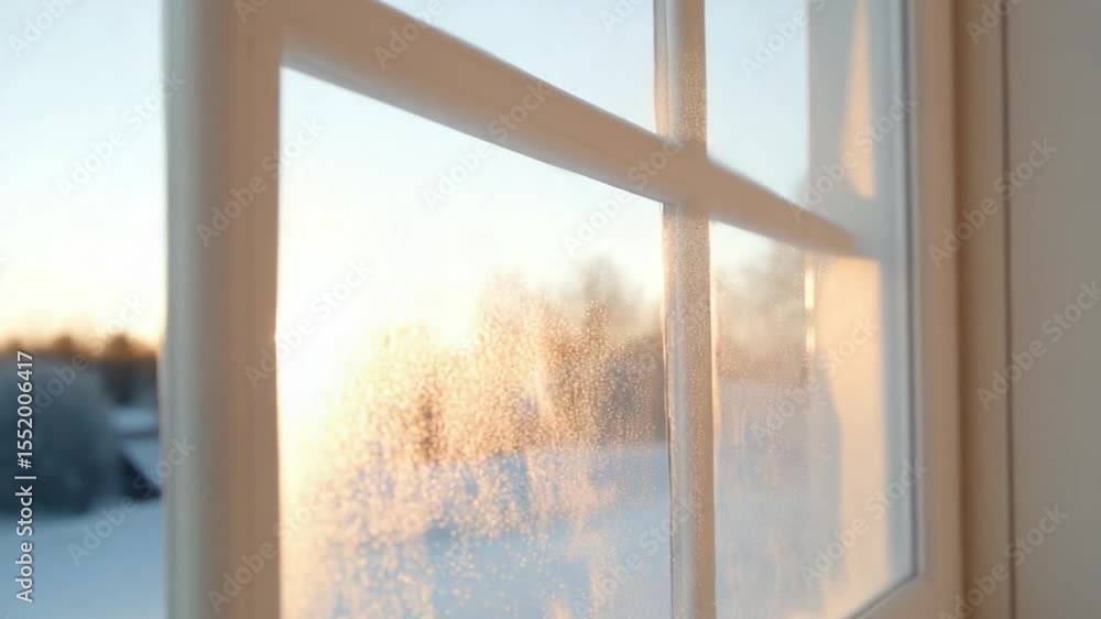 Poster golden hour glow through a window: captured through a window on a serene day, the vibrant glow of th