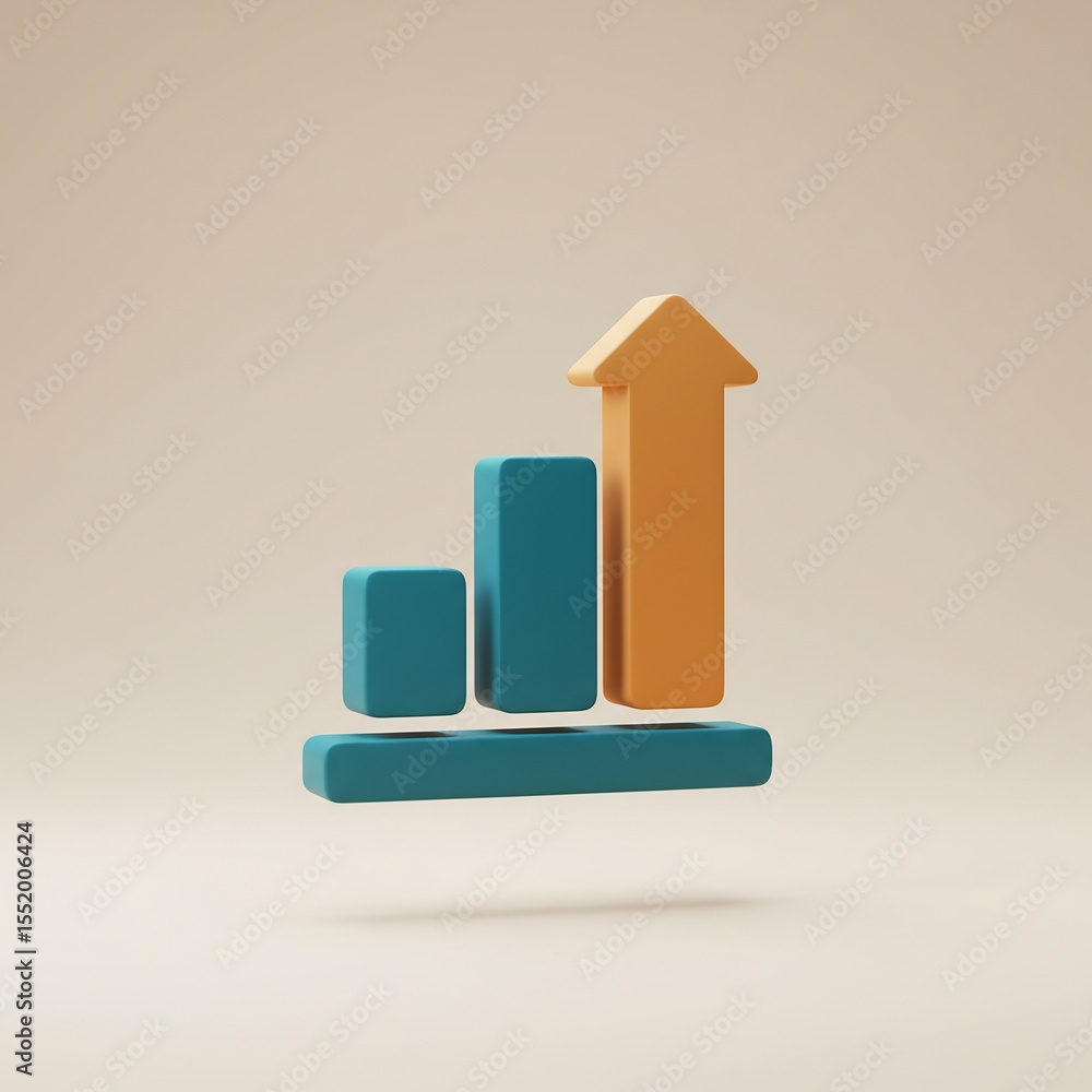 Poster minimal 3d bar chart icon with an upward arrow symbolizing growth and success. concept for business 