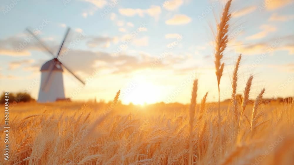 Poster golden hour over the wheat field: a serene landscape captures a windmill, bathed in the warm glow of