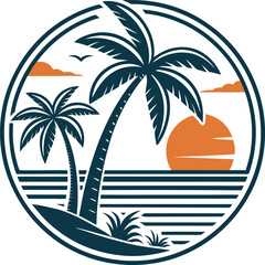 Round Ocean Badge with Sunset and Palm Trees – Retro Summer Emblem