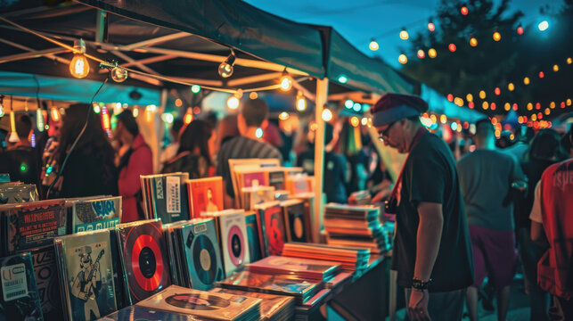 An older man wearing a beanie and glasses browses through vinyl records at a bustling outdoor festival at night. The stall is brightly lit by string lights, creating a warm, inviting atmosphere