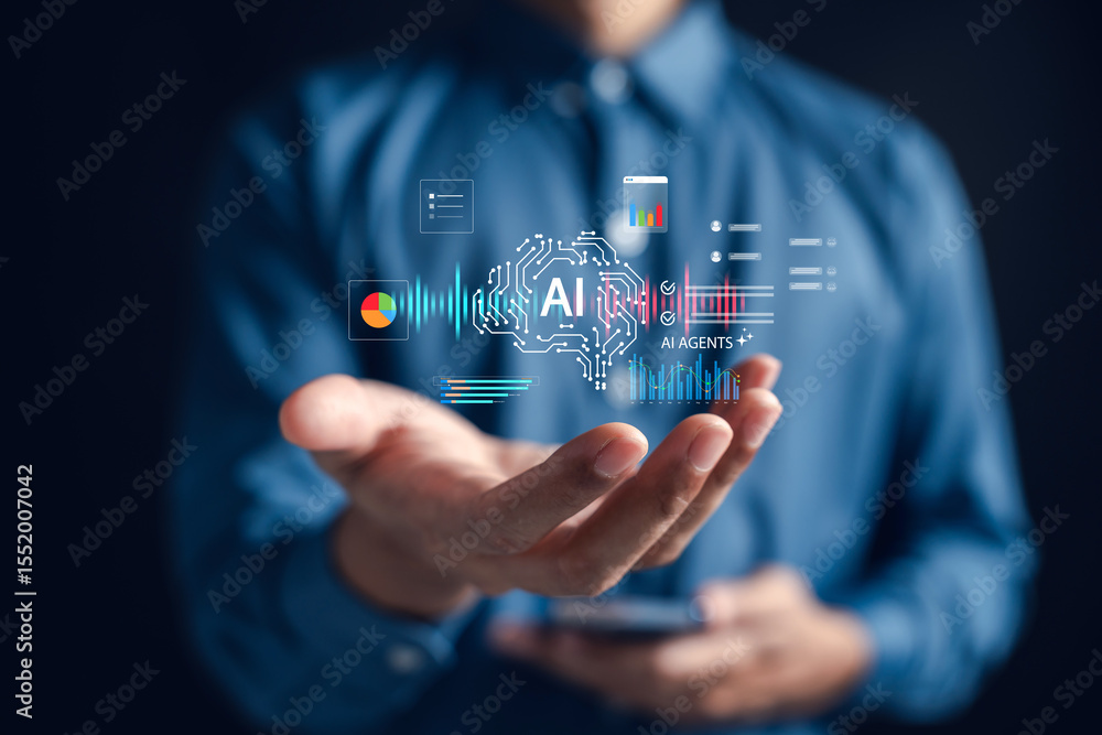 Poster AI technology in daily life with voice chat, chatbot assistant, and investment data analytics. Smart solutions for real-time communication, financial insights, and automation systems.